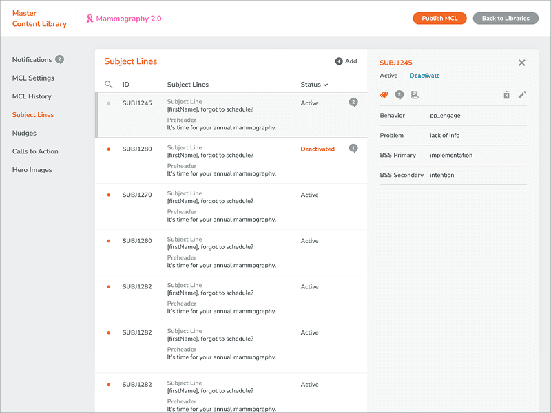 Lirio CMS subject lines screen showing message content variants and metadata.
